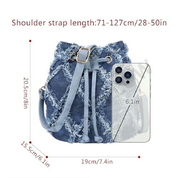 Denim Quilted Distressed Mini Bucket Satchel Purse Crossbody Shoulder Bag - Picture 6 of 8